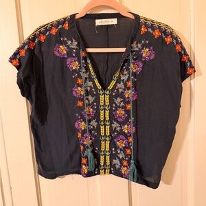 NATURAL LIFE Black Blouse with Colorful Embroidery